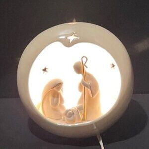 Apple Tree Designs Lighted Holy Nativity Scene Ceramic White & Gold Plug-In